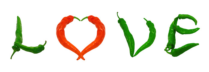 Image showing Word Love with heart sign composed of green and red chili pepper