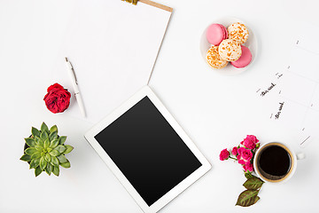 Image showing Top view of white office female workspace with laptop