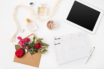 Image showing Top view of white office female workspace with laptop