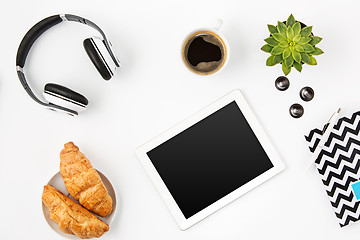 Image showing Top view of white office female workspace with laptop