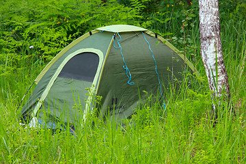 Image showing camping outdoor with tent in woods in summer