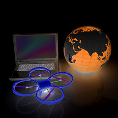 Image showing Drone or quadrocopter with camera with laptop. Network, online, 