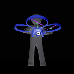 Image showing 3d man with drone, quadrocopter, with photo camera. 3d render. 3