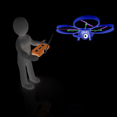 Image showing 3d man with drone, quadrocopter, with photo camera. 3d render. 3