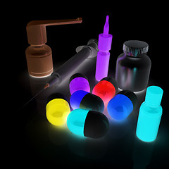 Image showing Syringe, tablet, pill jar. 3D illustration