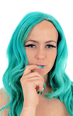 Image showing Headshot of woman with blue hair.