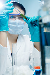 Image showing Young scientist working wiht reagent