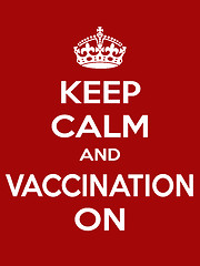 Image showing Vertical rectangular red-white motivation vaccination poster based in vintage retro style Keep clam