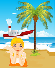 Image showing Girl tans on beach