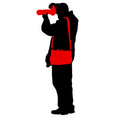 Image showing Cameraman with video camera. Silhouettes on white background. illustration