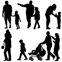 Image showing Set black silhouettes Family with pram on white background. illustration