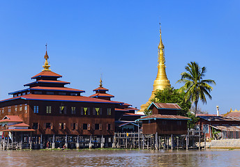 Image showing Traditional wooden stilt houses at the Inle lake