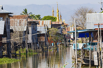 Image showing Traditional wooden stilt houses at the Inle lake