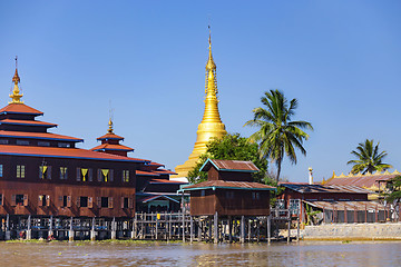 Image showing Traditional wooden stilt houses at the Inle lake