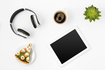 Image showing Top view of white office female workspace with laptop