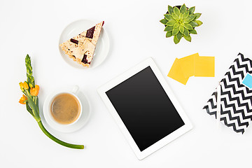 Image showing Top view of white office female workspace with laptop