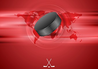 Image showing Red abstract hockey background with black puck