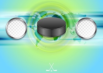 Image showing Bright abstract hockey background with black puck