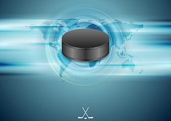 Image showing Blue abstract hockey background with black puck