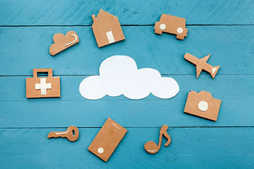 Image showing Cardboard web icons  and white cloud on blue background