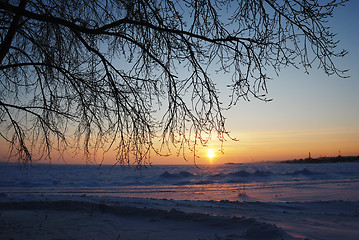 Image showing sunset in the winter on Lake Onega