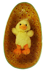 Image showing yellow toy Easter chick in the egg