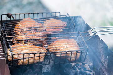 Image showing Cook chicken piece with spice on frying pan