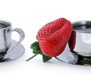 Image showing Strawberry and two cups of coffee