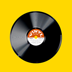 Image showing Vinyl record vector illustration. Photorealistic disc design on a yellow background