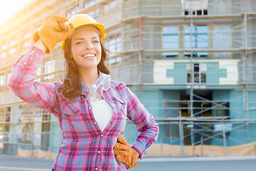 Image showing Portrait of Young Female Construction Worker Wearing Gloves, Har