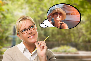 Image showing Thoughtful Young Woman with Herself Near Cruise Ship in Thought 