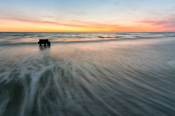 Image showing Waves rolled on the shore of the Black Sea, photographed with long exposure, Anapa, Russia