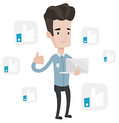 Image showing Man with thumb up and like social network buttons.