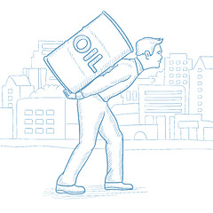 Image showing Man carrying an oil barrel on his back.