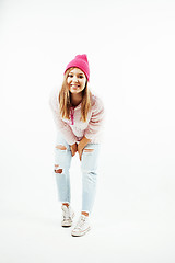 Image showing young pretty stylish hipster girl posing emotional isolated on white background happy smiling cool smile, lifestyle people concept 