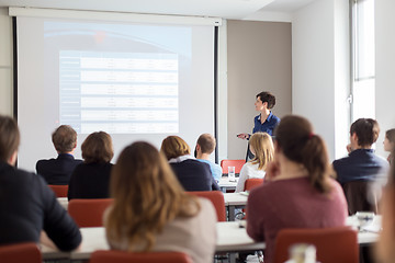 Image showing Woman giving presentation in lecture hall at university.