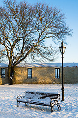 Image showing Bench and street lamp in the park, winter