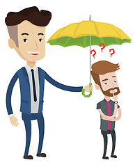 Image showing Businessman holding umbrella over young man.