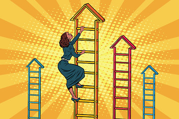 Image showing Businesswoman climbing up the business ladder