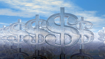 Image showing glass dollar symbols under cloudy blue sky - 3d illustration