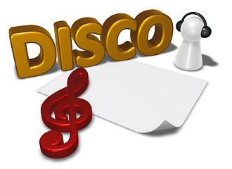 Image showing disco tag, blank white paper sheet and pawn with headphones - 3d rendering