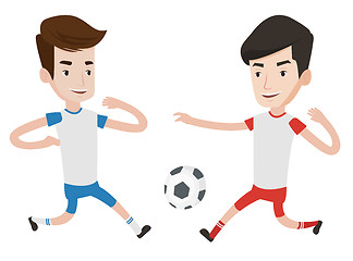 Image showing Two male soccer players fighting for ball.