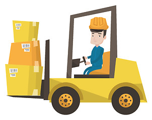 Image showing Warehouse worker moving load by forklift truck.