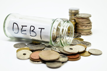 Image showing Debt lable in a glass jar with coins spilling out