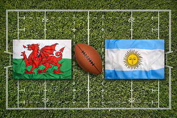 Image showing Wales vs. Argentina flags on rugby field