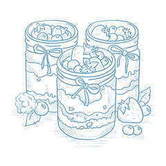 Image showing Assorted jams in glass jars.