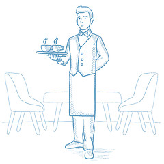 Image showing Waiter holding tray with cups of coffeee or tea.