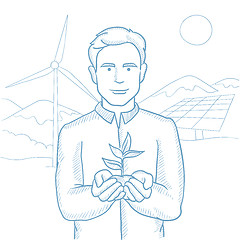 Image showing Man holding plant vector sketch illustration.