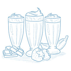 Image showing Banana, strawberry and chocolate smoothies.