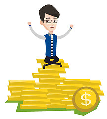 Image showing Happy businessman sitting on golden coins.